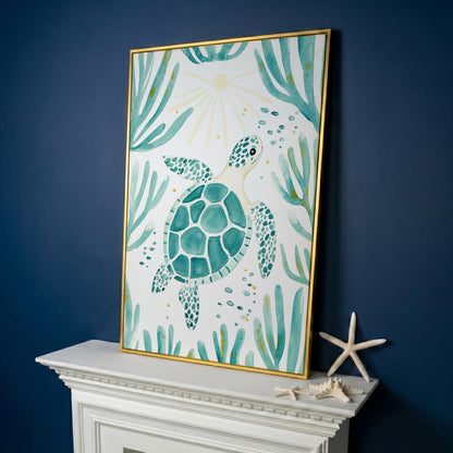 Sea Turtle and Coral Canvas Wall Art, Ocean Life Portrait Print in yellow gold floating frame