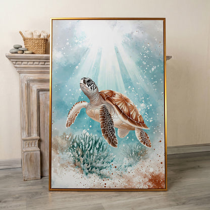 Sea Turtle Swimming Near Coral Reef Canvas Wall Art in antique gold floating frame