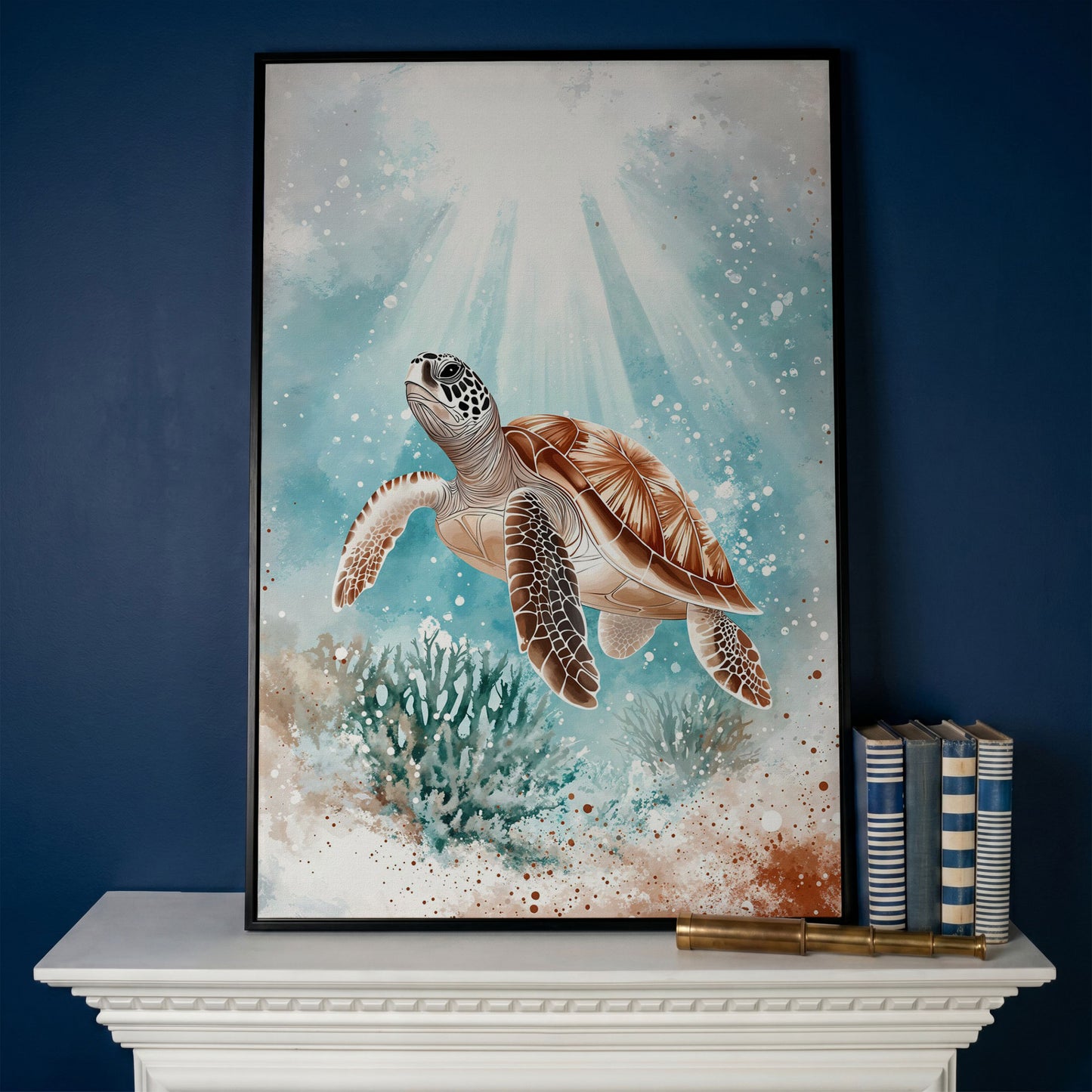 Sea Turtle Swimming Near Coral Reef Canvas Wall Art in black floating frame