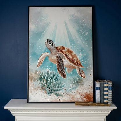 Sea Turtle Swimming Near Coral Reef Canvas Wall Art in black floating frame
