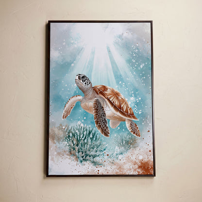 Sea Turtle Swimming Near Coral Reef Canvas Wall Art in dark walnut floating frame