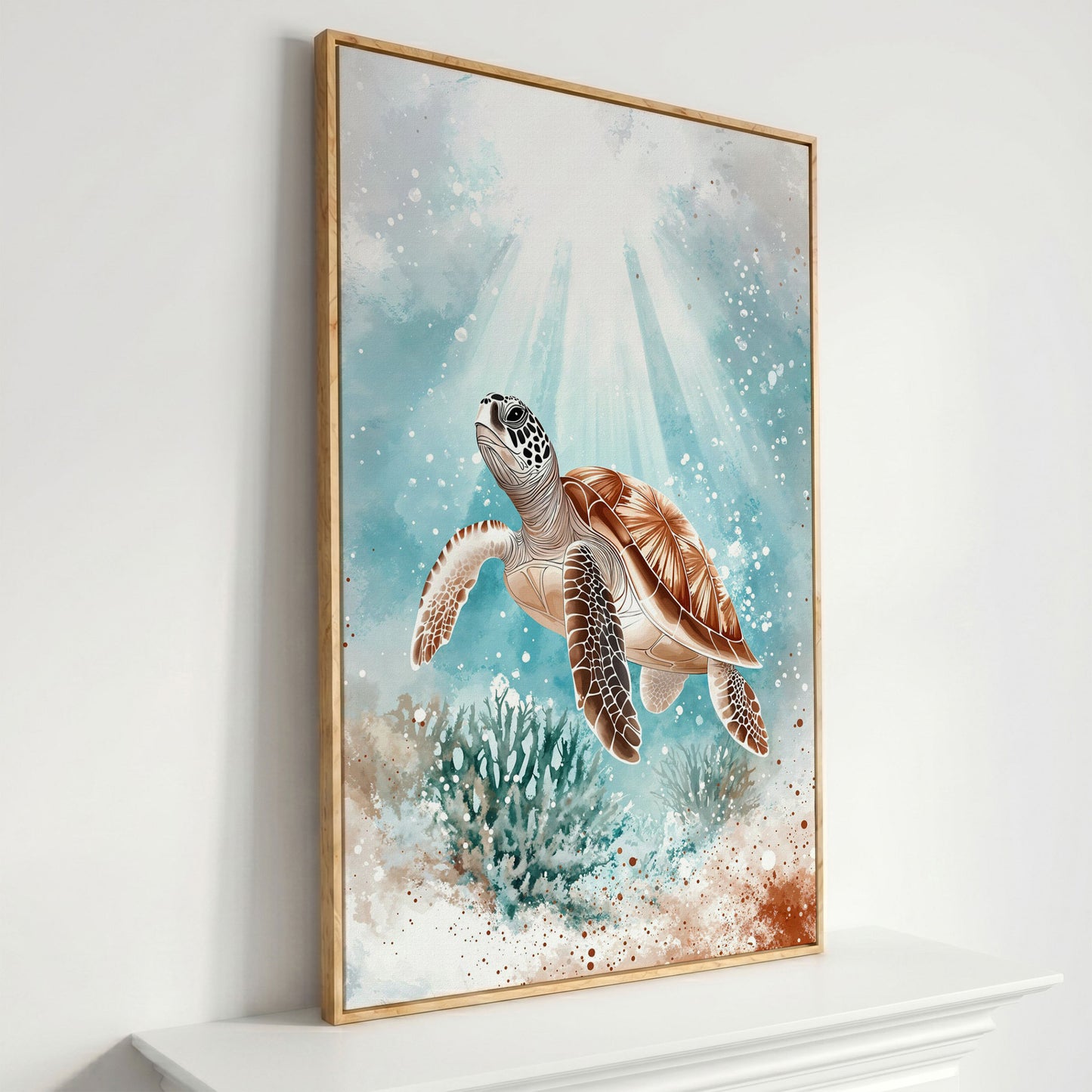 Sea Turtle Swimming Near Coral Reef Canvas Wall Art in white oak floating frame