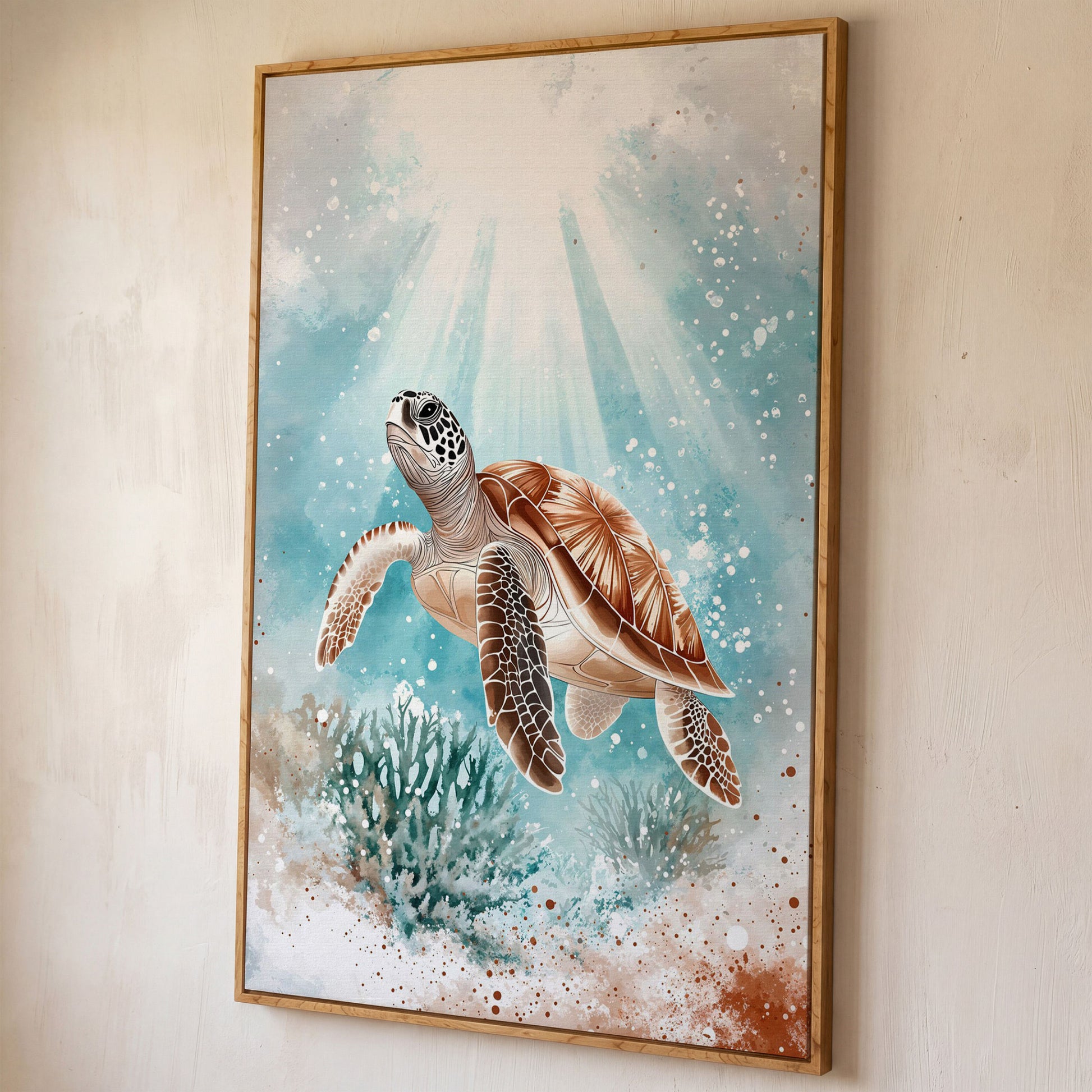 Sea Turtle Swimming Near Coral Reef Canvas Wall Art shown in white oak floating frame