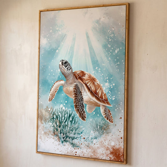 Sea Turtle Swimming Near Coral Reef Canvas Wall Art shown in white oak floating frame