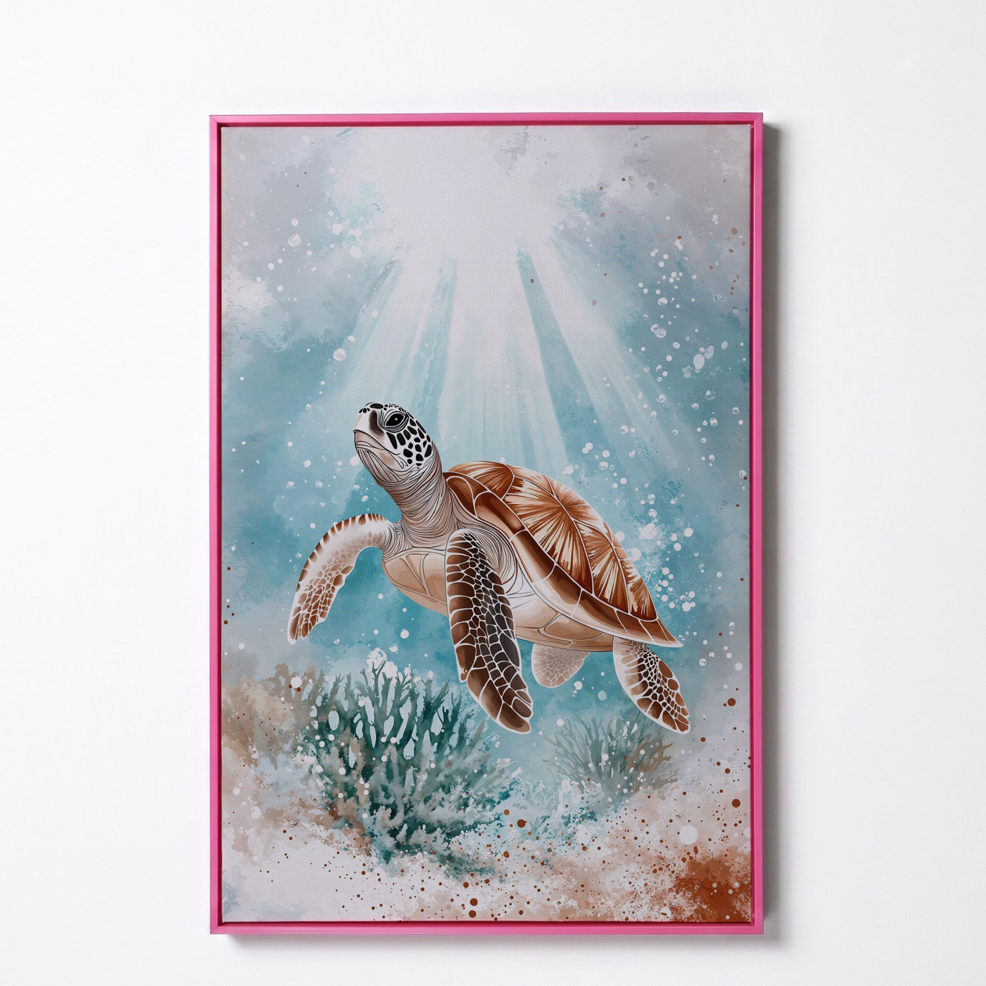 Sea Turtle Swimming Near Coral Reef Canvas Wall Art in pink floating frame