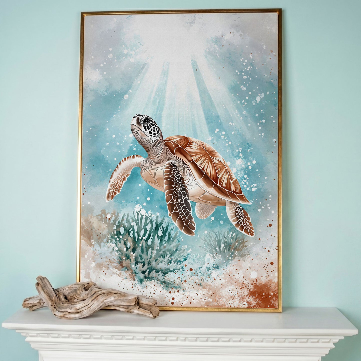 Sea Turtle Swimming Near Coral Reef Canvas Wall Art in rose gold floating frame