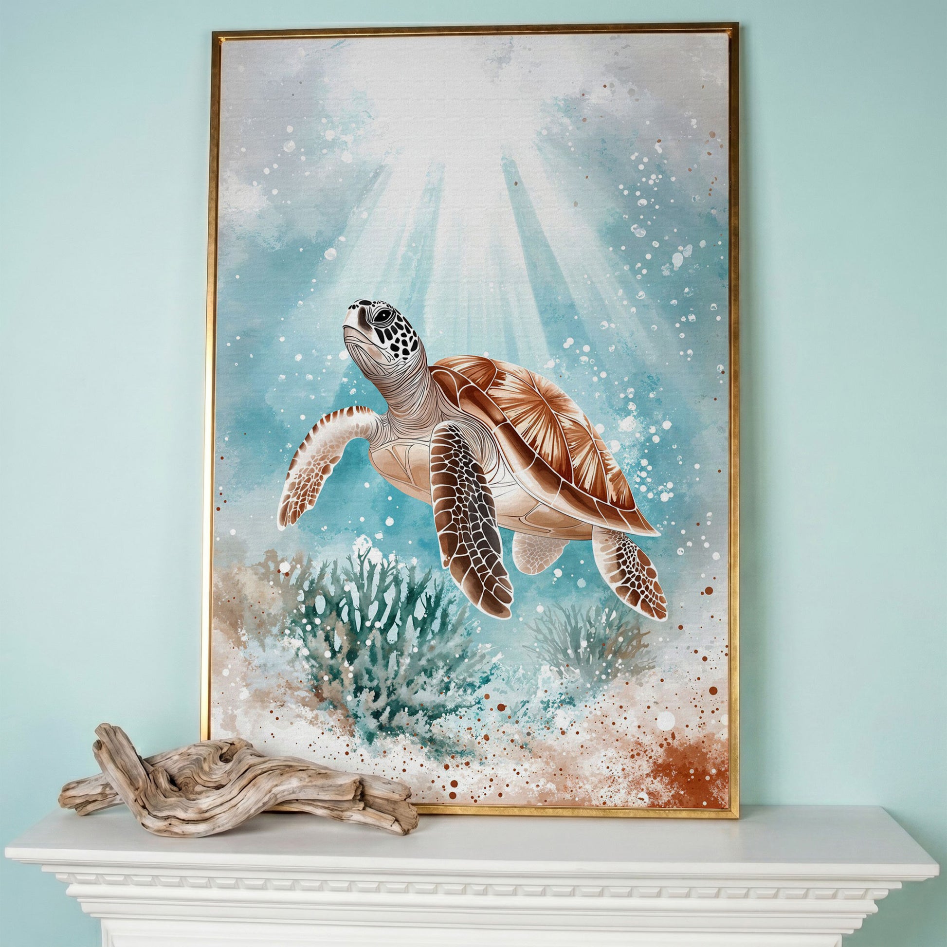Sea Turtle Swimming Near Coral Reef Canvas Wall Art in rose gold floating frame