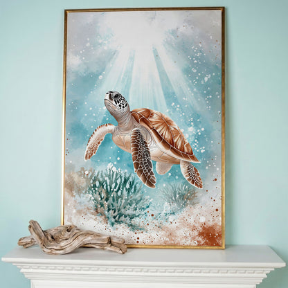 Sea Turtle Swimming Near Coral Reef Canvas Wall Art in rose gold floating frame