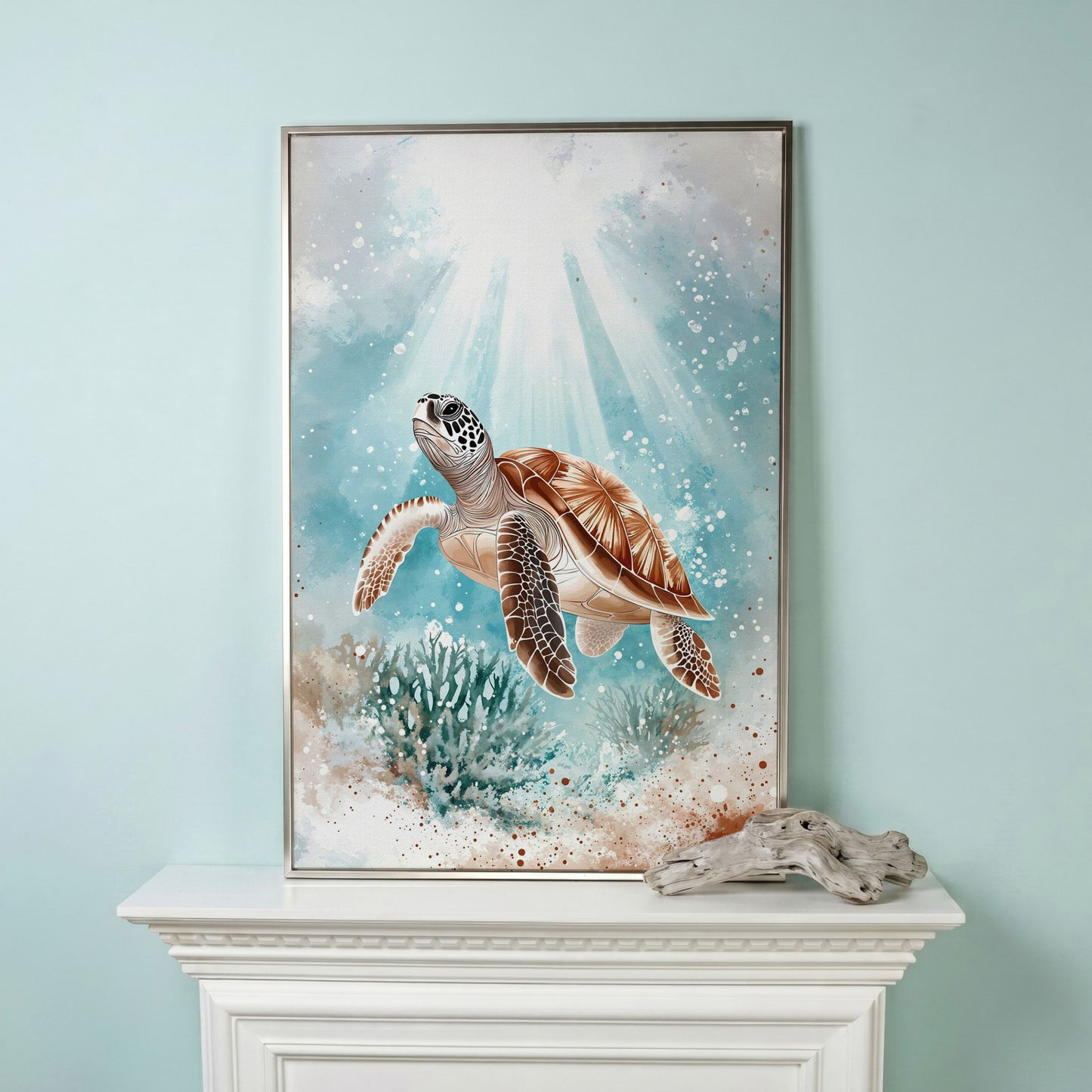 Sea Turtle Swimming Near Coral Reef Canvas Wall Art in silver floating frame