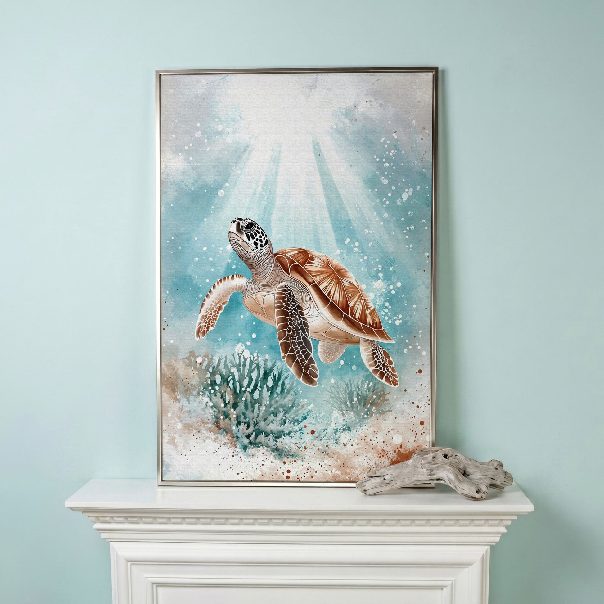 Sea Turtle Swimming Near Coral Reef Canvas Wall Art in silver floating frame