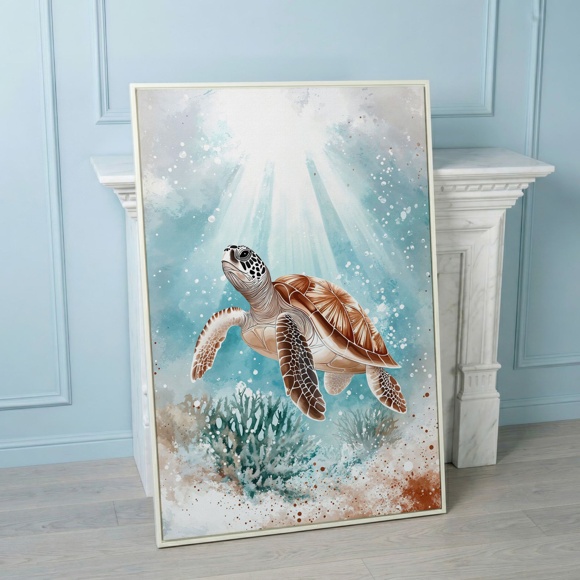Sea Turtle Swimming Near Coral Reef Canvas Wall Art in white floating frame