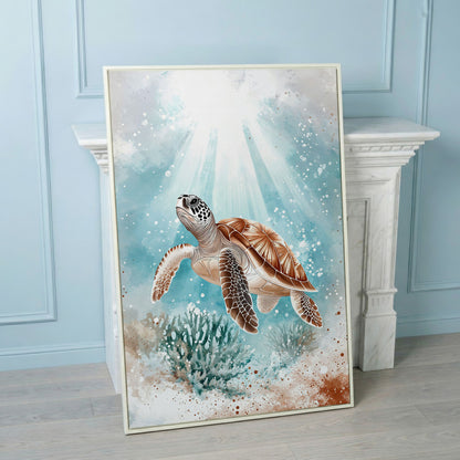 Sea Turtle Swimming Near Coral Reef Canvas Wall Art in white floating frame