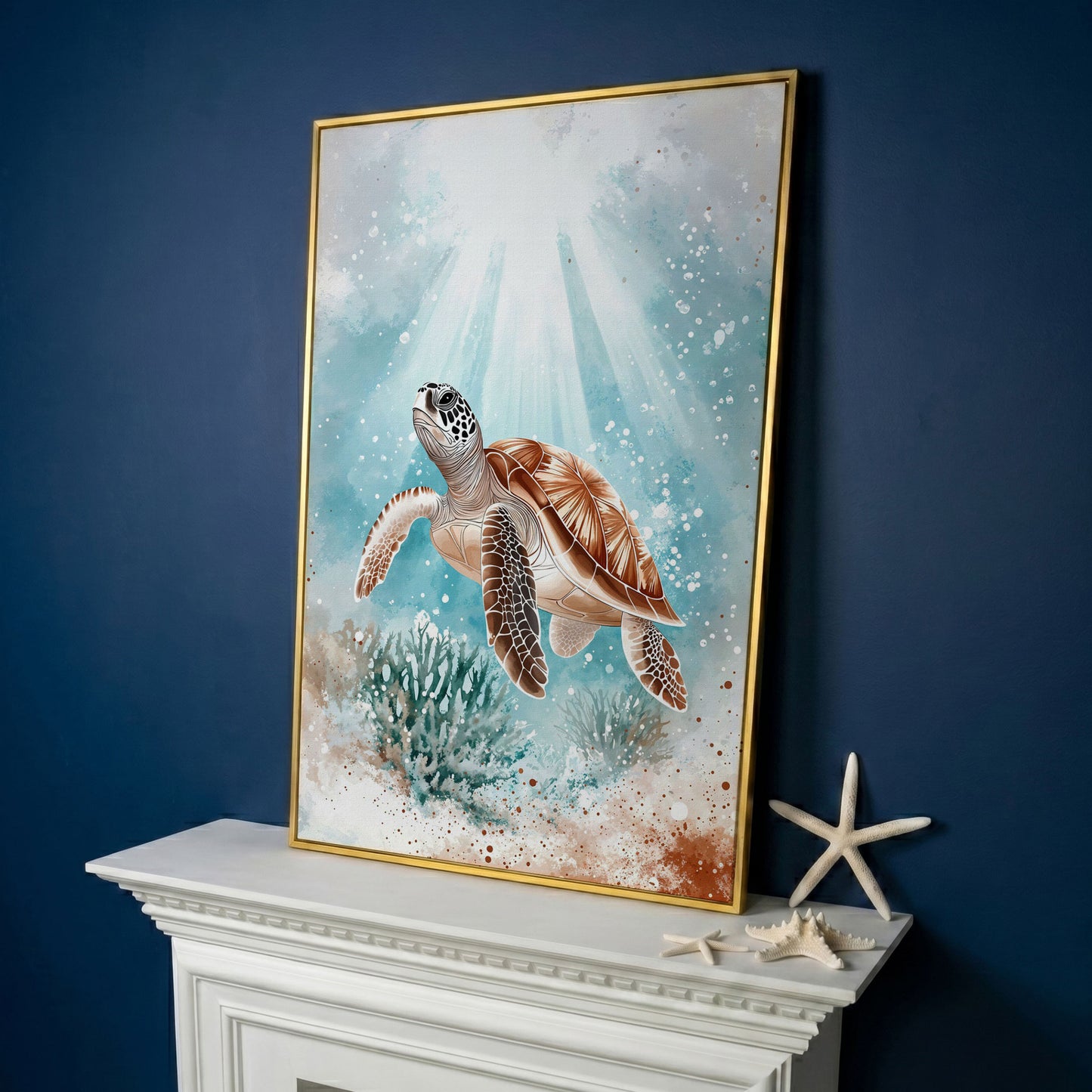 Sea Turtle Swimming Near Coral Reef Canvas Wall Art in yellow gold floating frame