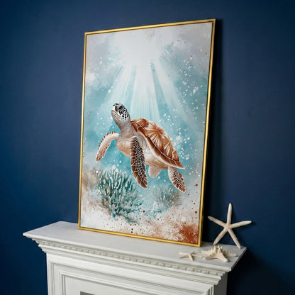 Sea Turtle Swimming Near Coral Reef Canvas Wall Art in yellow gold floating frame