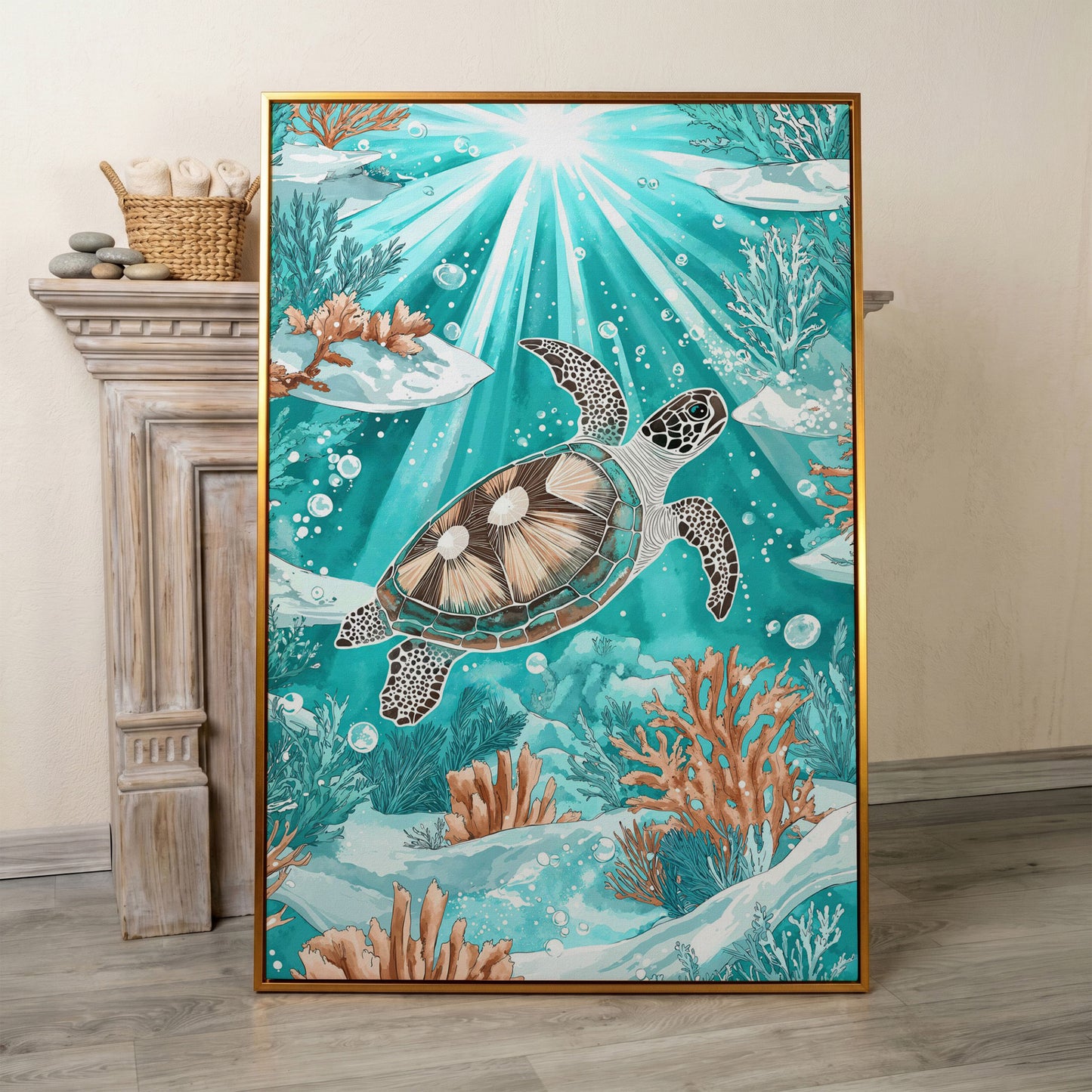 Sea Turtle Underwater Canvas Art, Coral and Sunlight Scene in antique gold floating frame