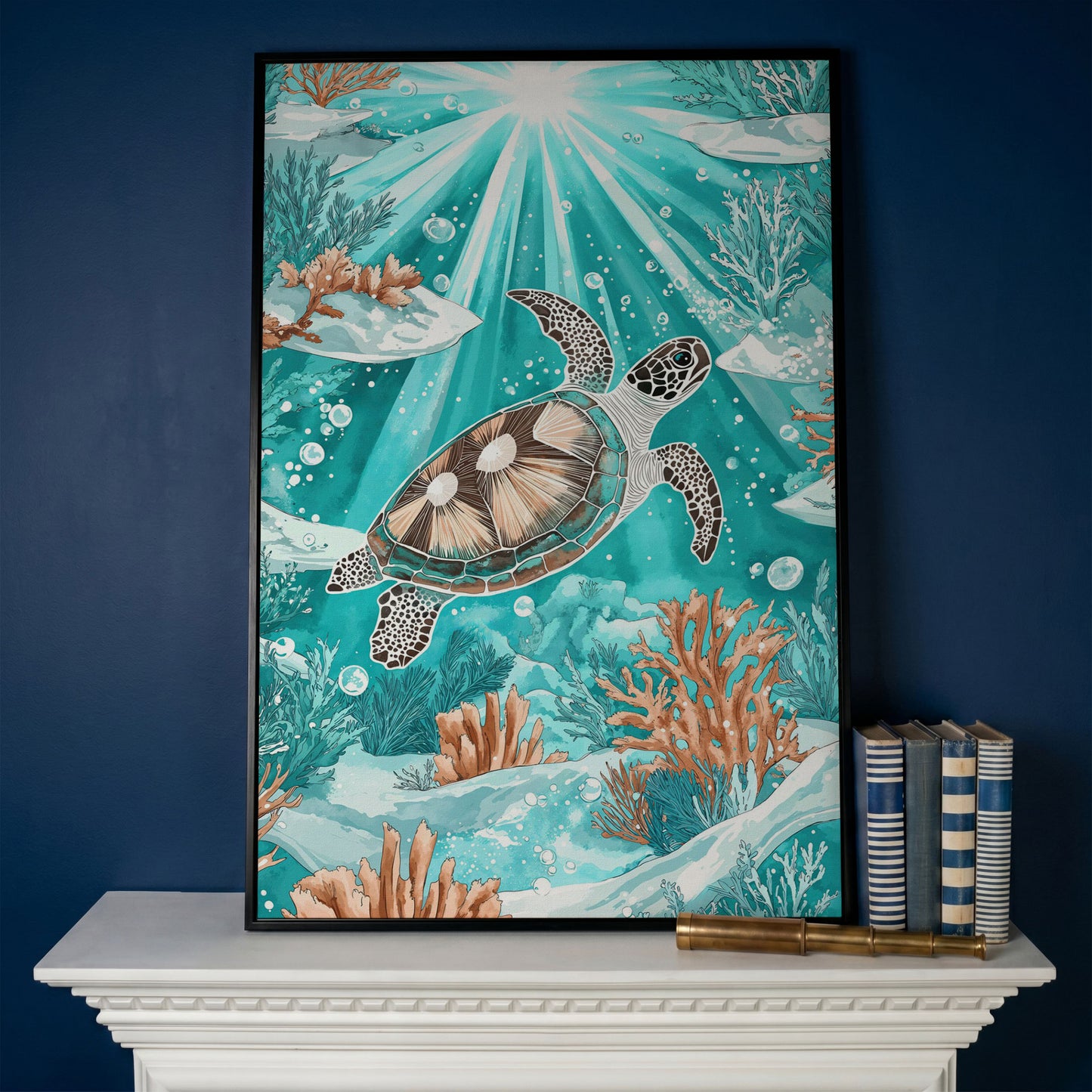 Sea Turtle Underwater Canvas Art, Coral and Sunlight Scene in black floating frame