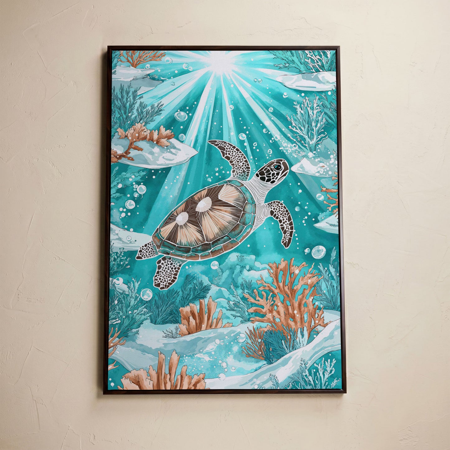Sea Turtle Underwater Canvas Art, Coral and Sunlight Scene in dark walnut floating frame