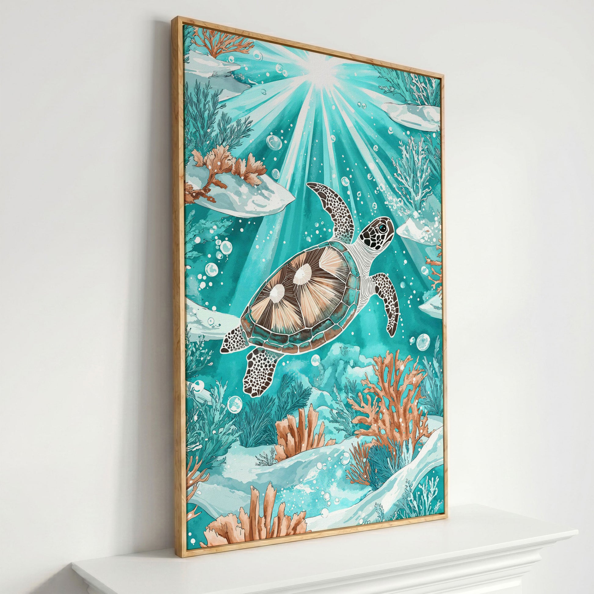 Sea Turtle Underwater Canvas Art, Coral and Sunlight Scene in white oak floating frame