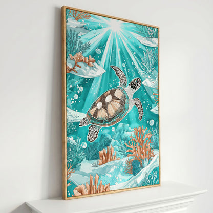 Sea Turtle Underwater Canvas Art, Coral and Sunlight Scene in white oak floating frame