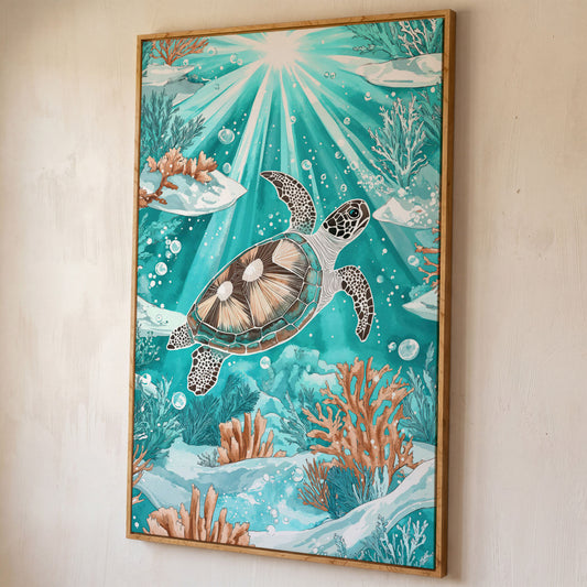 Sea Turtle Underwater Canvas Art, Coral and Sunlight Scene shown in white oak floating frame