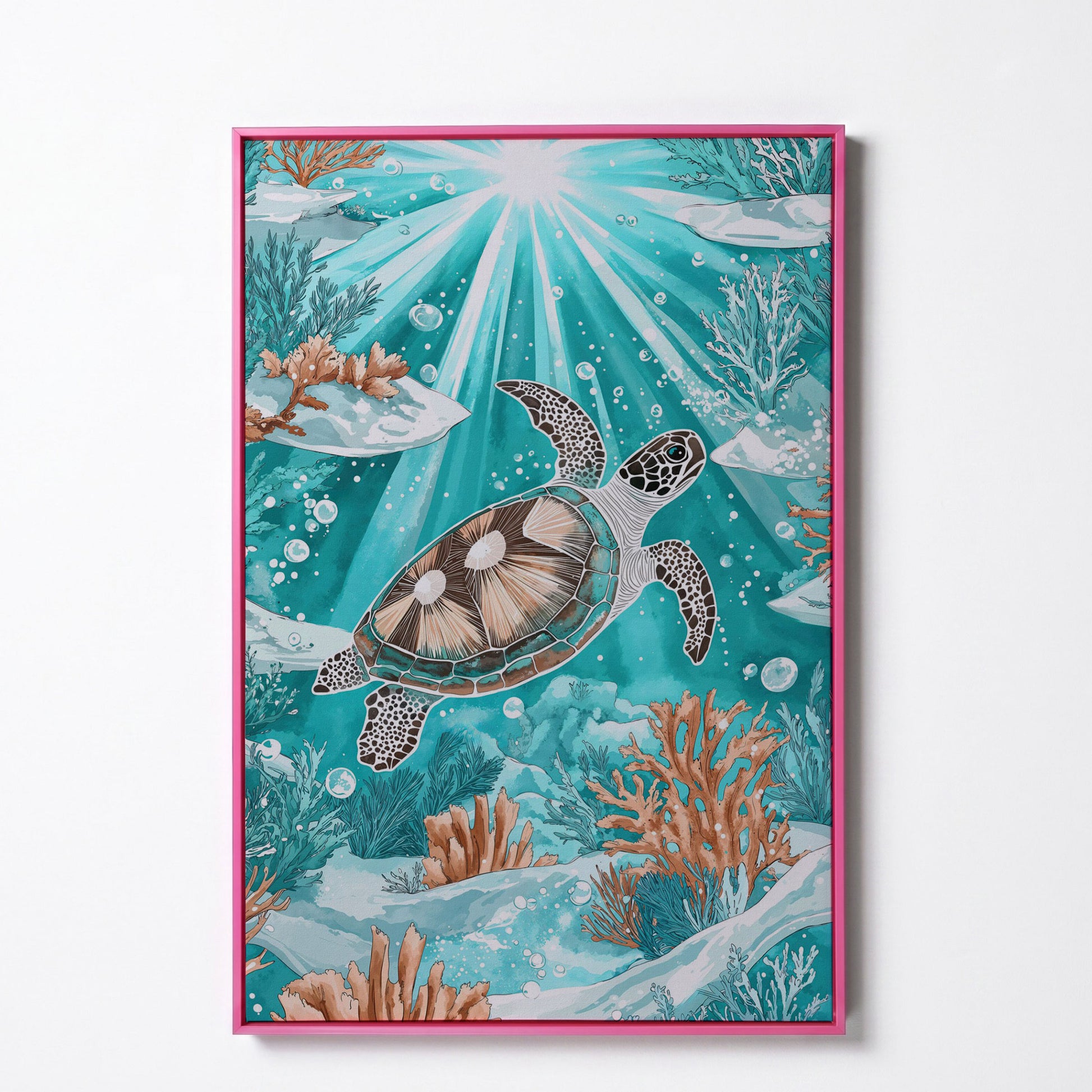 Sea Turtle Underwater Canvas Art, Coral and Sunlight Scene in pink floating frame