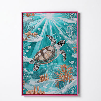 Sea Turtle Underwater Canvas Art, Coral and Sunlight Scene in pink floating frame