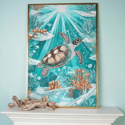 Sea Turtle Underwater Canvas Art, Coral and Sunlight Scene in rose gold floating frame