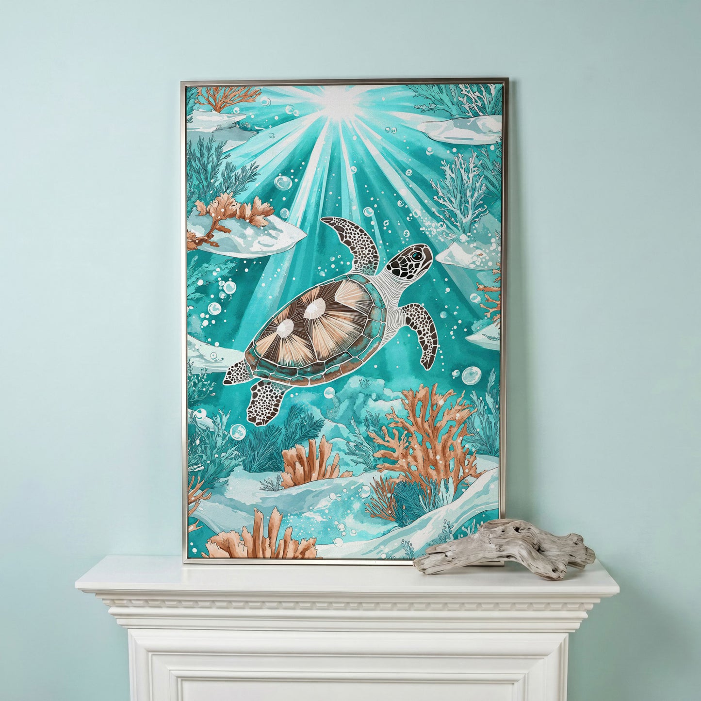 Sea Turtle Underwater Canvas Art, Coral and Sunlight Scene in silver floating frame