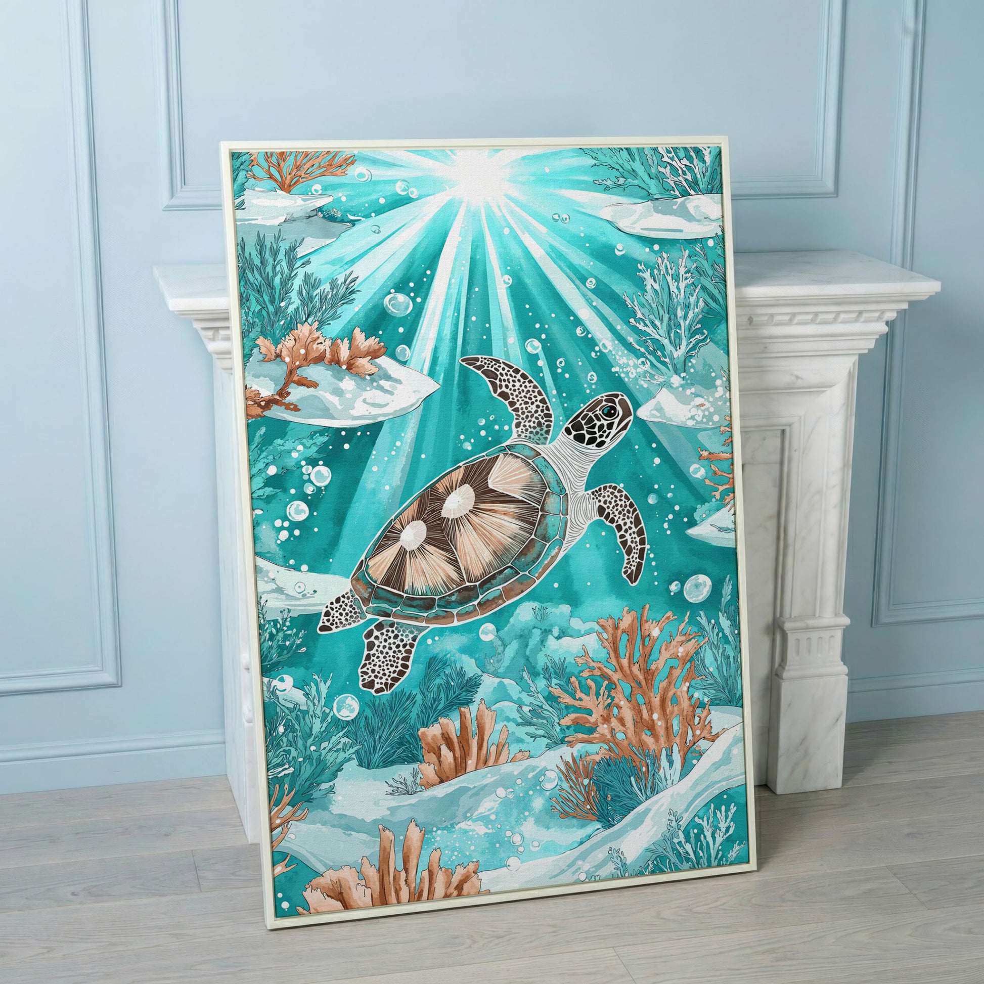 Sea Turtle Underwater Canvas Art, Coral and Sunlight Scene in white floating frame