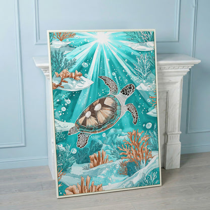 Sea Turtle Underwater Canvas Art, Coral and Sunlight Scene in white floating frame