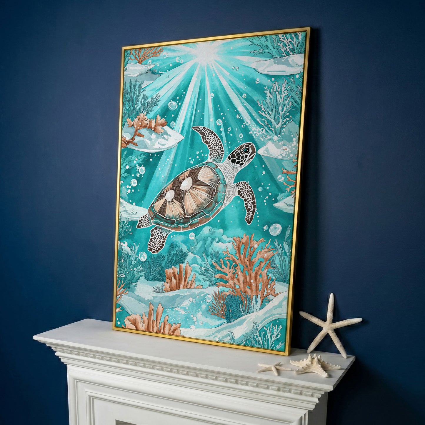 Sea Turtle Underwater Canvas Art, Coral and Sunlight Scene in yellow gold floating frame