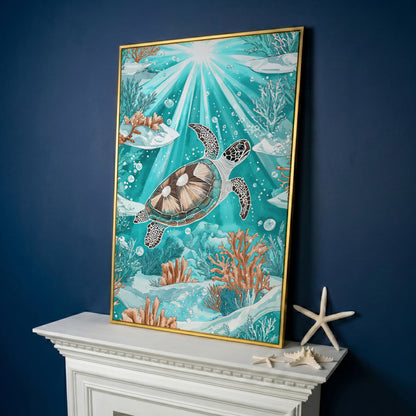 Sea Turtle Underwater Canvas Art, Coral and Sunlight Scene in yellow gold floating frame