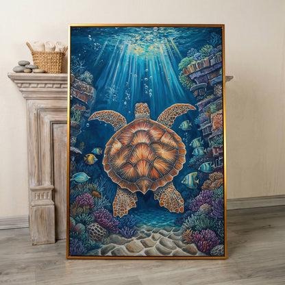 Sea Turtle Underwater Canvas Art | Coral Reef Wall Print in antique gold floating frame