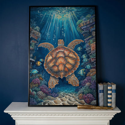 Sea Turtle Underwater Canvas Art | Coral Reef Wall Print in black floating frame