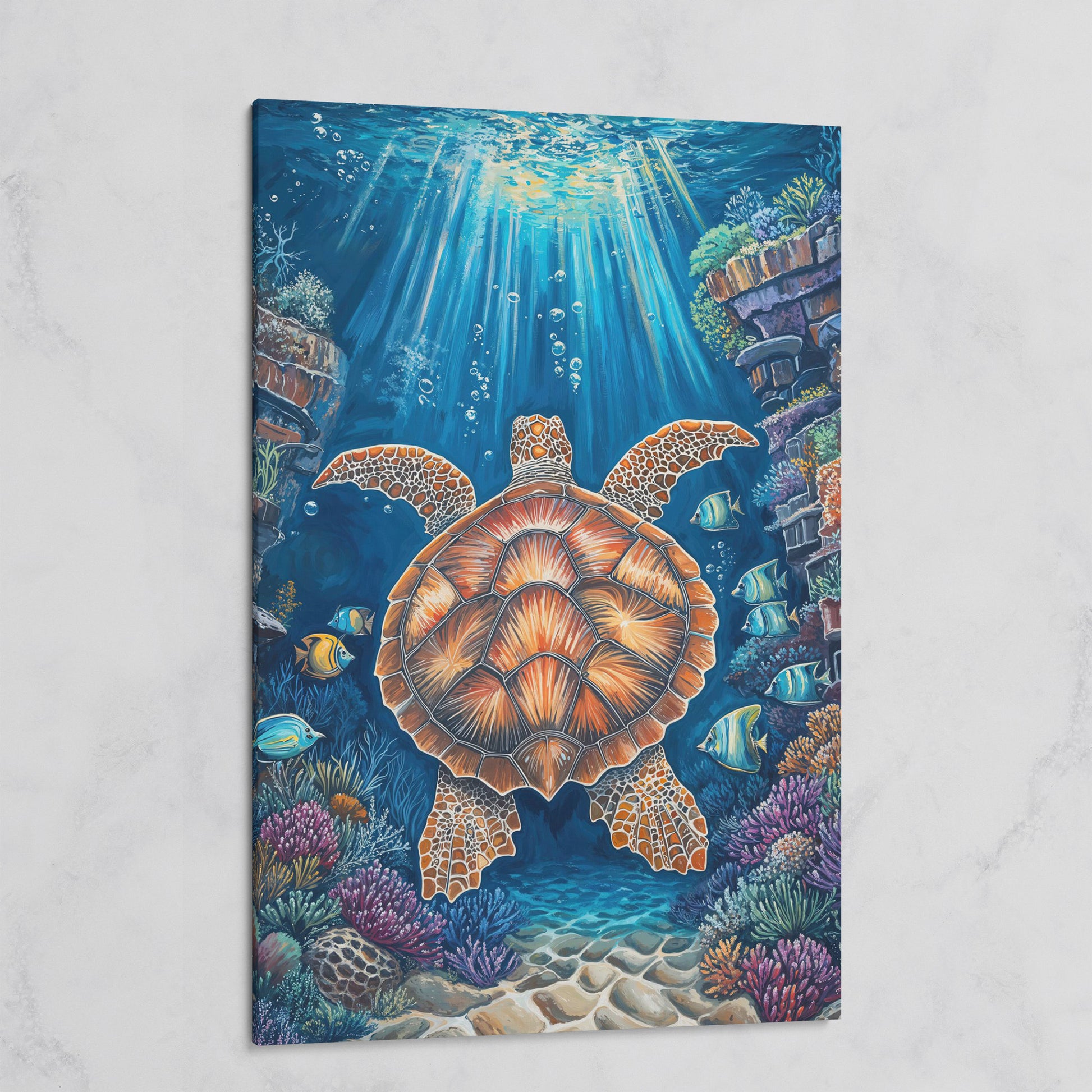 Sea Turtle Underwater Canvas Art | Coral Reef Wall Print on gallery wrap