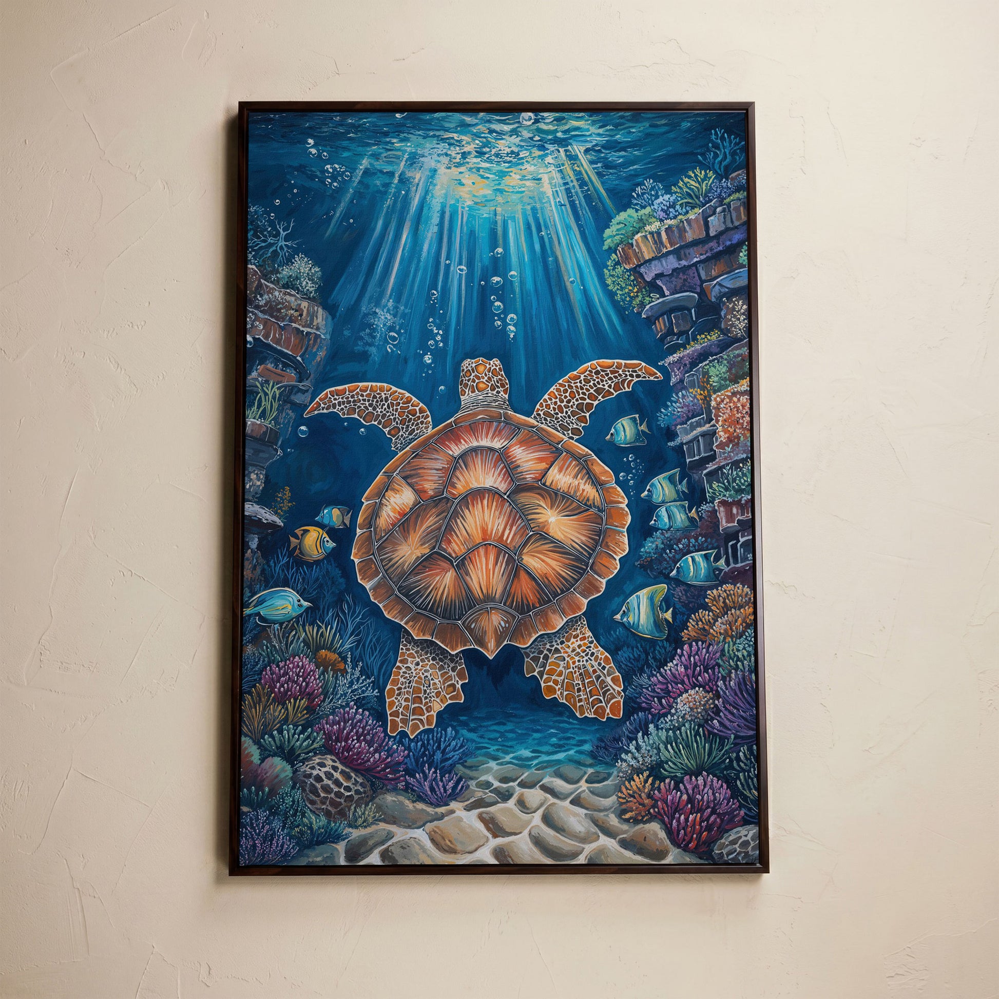 Sea Turtle Underwater Canvas Art | Coral Reef Wall Print in dark walnut floating frame