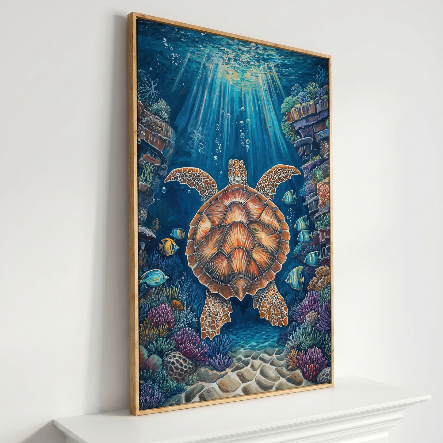 Sea Turtle Underwater Canvas Art | Coral Reef Wall Print in white oak floating frame