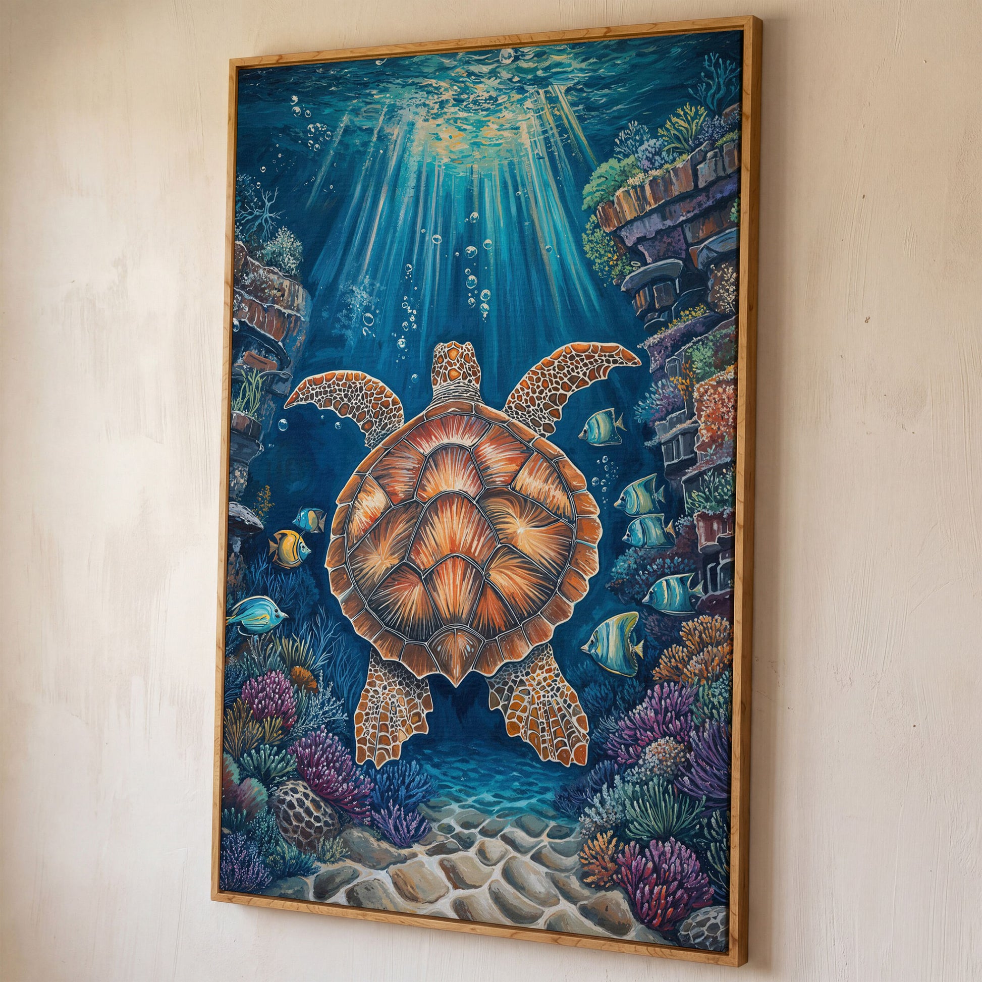 Sea Turtle Underwater Canvas Art | Coral Reef Wall Print shown in white oak floating frame