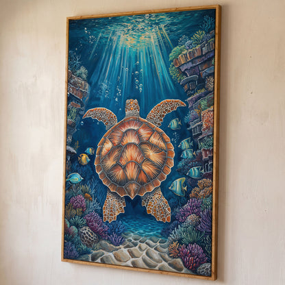 Sea Turtle Underwater Canvas Art | Coral Reef Wall Print shown in white oak floating frame
