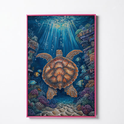 Sea Turtle Underwater Canvas Art | Coral Reef Wall Print in pink floating frame