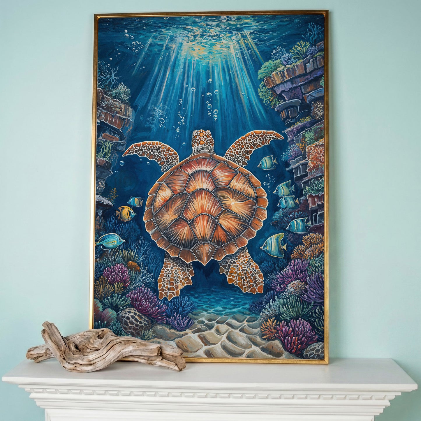 Sea Turtle Underwater Canvas Art | Coral Reef Wall Print in rose gold floating frame
