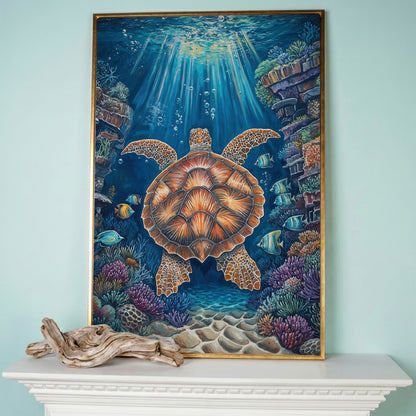 Sea Turtle Underwater Canvas Art | Coral Reef Wall Print in rose gold floating frame