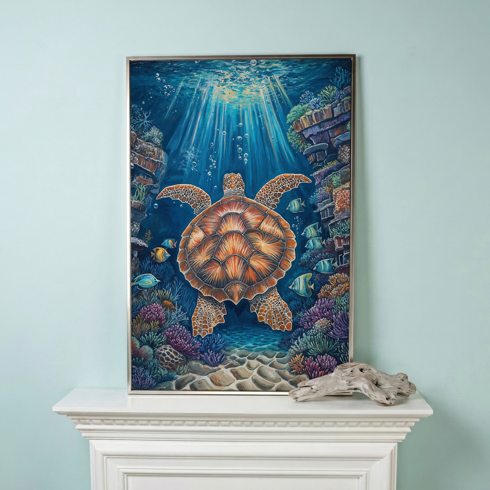 Sea Turtle Underwater Canvas Art | Coral Reef Wall Print in silver floating frame