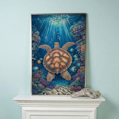 Sea Turtle Underwater Canvas Art | Coral Reef Wall Print in silver floating frame