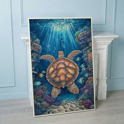 Sea Turtle Underwater Canvas Art | Coral Reef Wall Print in white floating frame