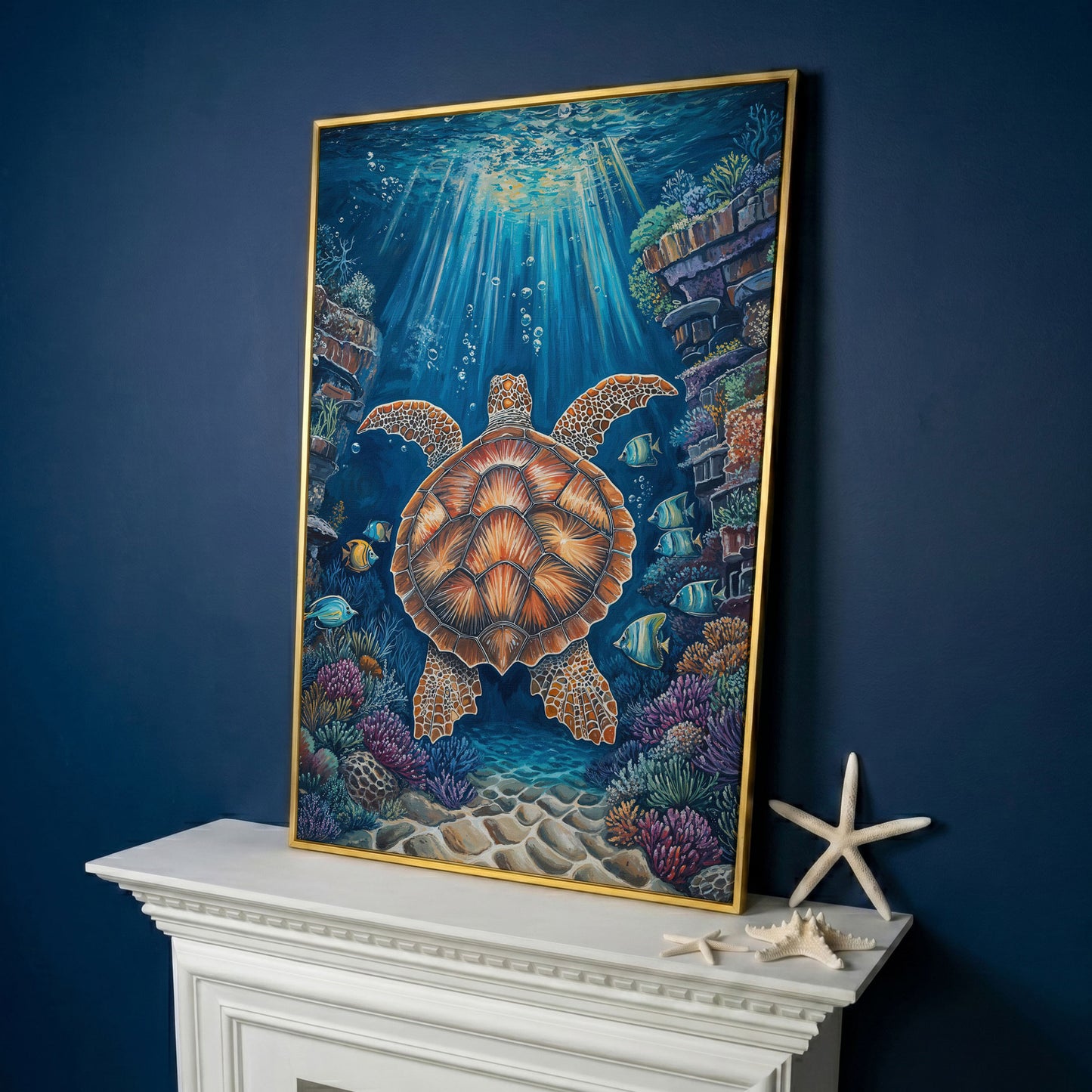 Sea Turtle Underwater Canvas Art | Coral Reef Wall Print in yellow gold floating frame