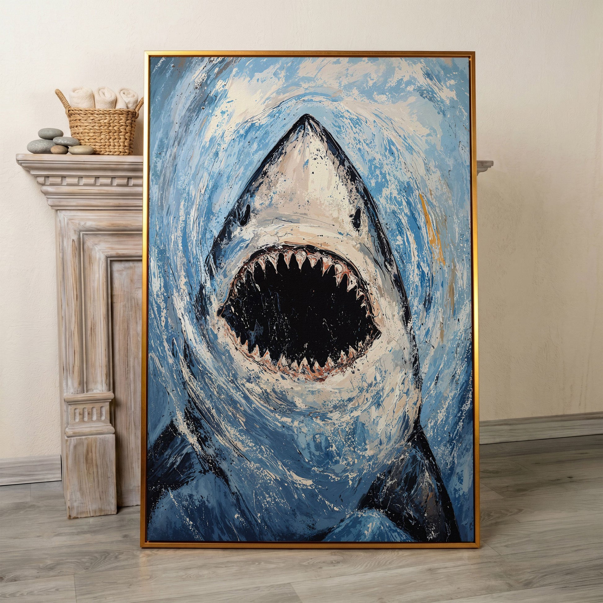 Great White Shark Close-Up Canvas Art, Underwater Portrait in antique gold floating frame