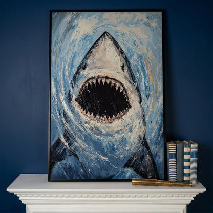 Great White Shark Close-Up Canvas Art, Underwater Portrait in black floating frame
