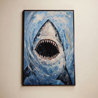Great White Shark Close-Up Canvas Art, Underwater Portrait in dark walnut floating frame