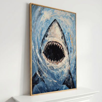 Great White Shark Close-Up Canvas Art, Underwater Portrait in white oak floating frame